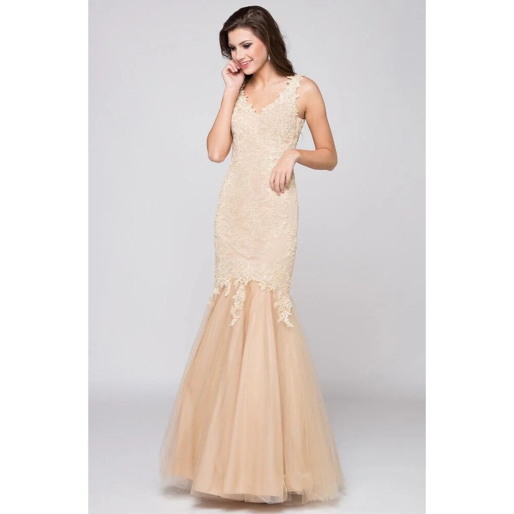 Glow by Poly USA Champagne Lace Mermaid Gown Embellished Tulle Evening Size 12